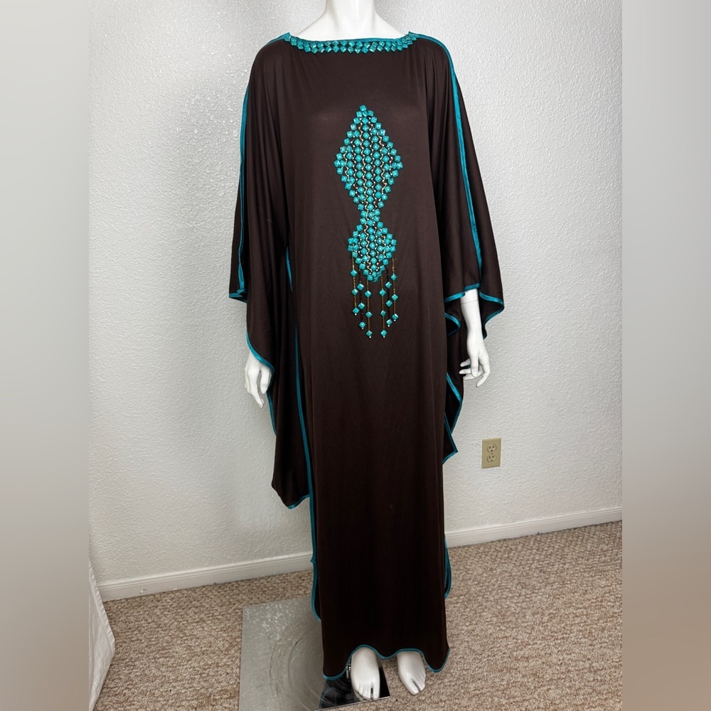 Unbranded brown teal kaftan dress with turquoise bead embellishments SZ 2. J-12